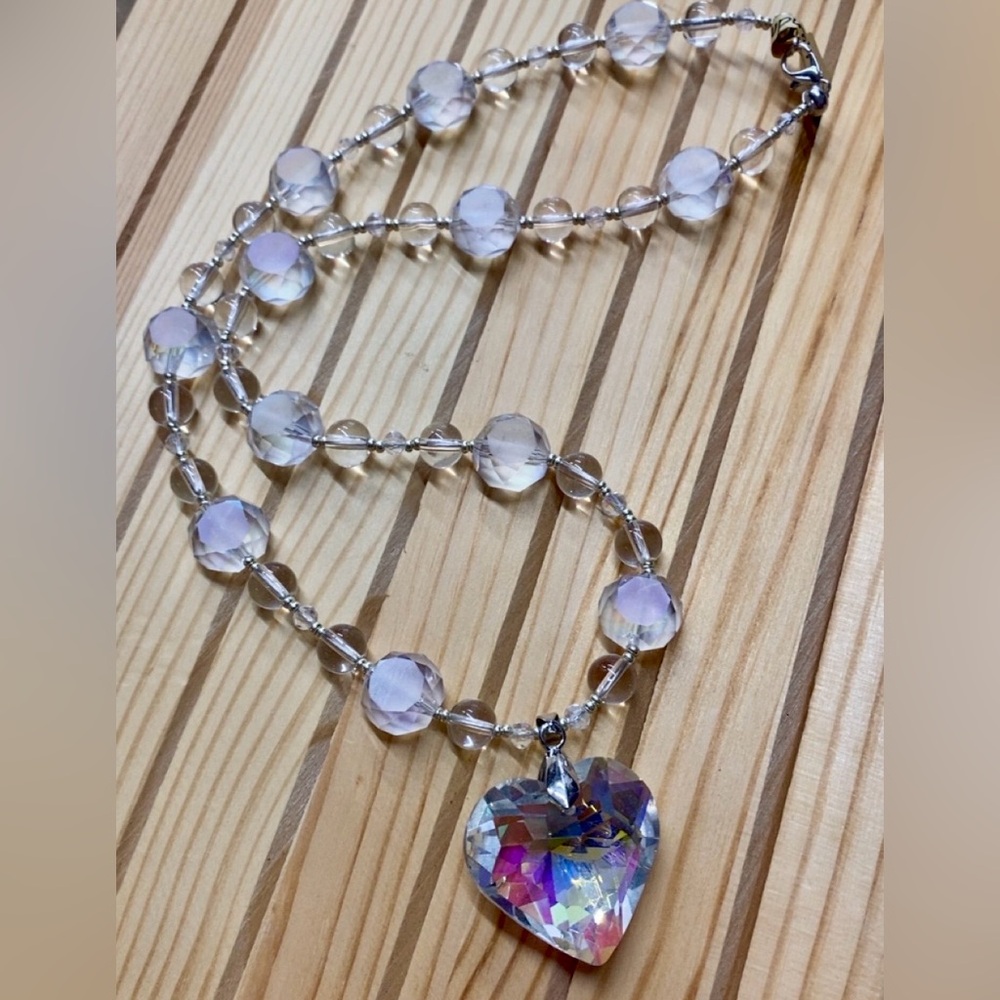 Crystal Heart Pendant Necklace - Iridescent Clear Beads - Picture 3 of 3
